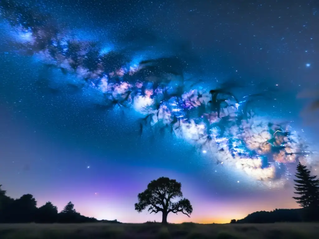 Una impresionante fotografía vintage de la Vía Láctea en el cielo nocturno, con tonos vibrantes de morados, azules y rosas