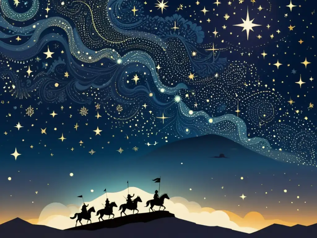 El Camino de los Guerreros en el Cielo: Ilustración celestial vintage Una impresionante ilustración vintage del cielo nocturno, con constelaciones de guerreros en una batalla celestial