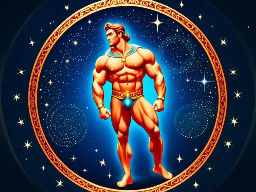 Una impresionante ilustración vintage de la constelación de Hércules, con el heroico personaje rodeado de otras constelaciones en un detallado y colorido diseño celestial