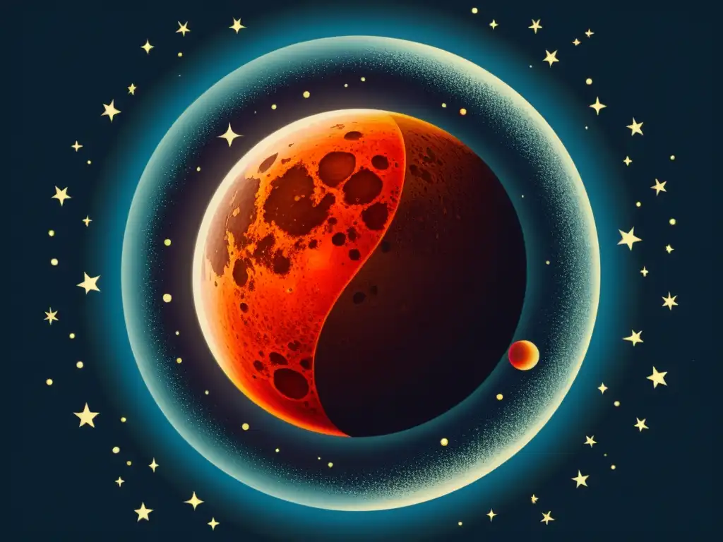 Una impresionante ilustración vintage de un eclipse lunar, con detalles intrincados de la superficie de la luna, la sombra de la tierra y estrellas brillantes