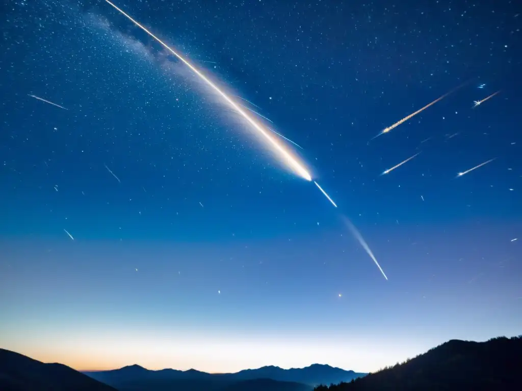 Una impresionante fotografía vintage de una lluvia de meteoros capturando el movimiento de los cuerpos celestes en el cielo nocturno estrellado