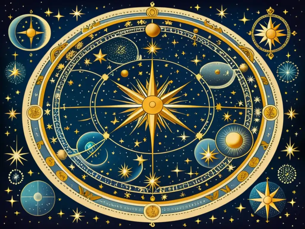 Una impresionante ilustración vintage de un mapa celestial detallado, mostrando la posición y estructura de constelaciones en el cielo nocturno