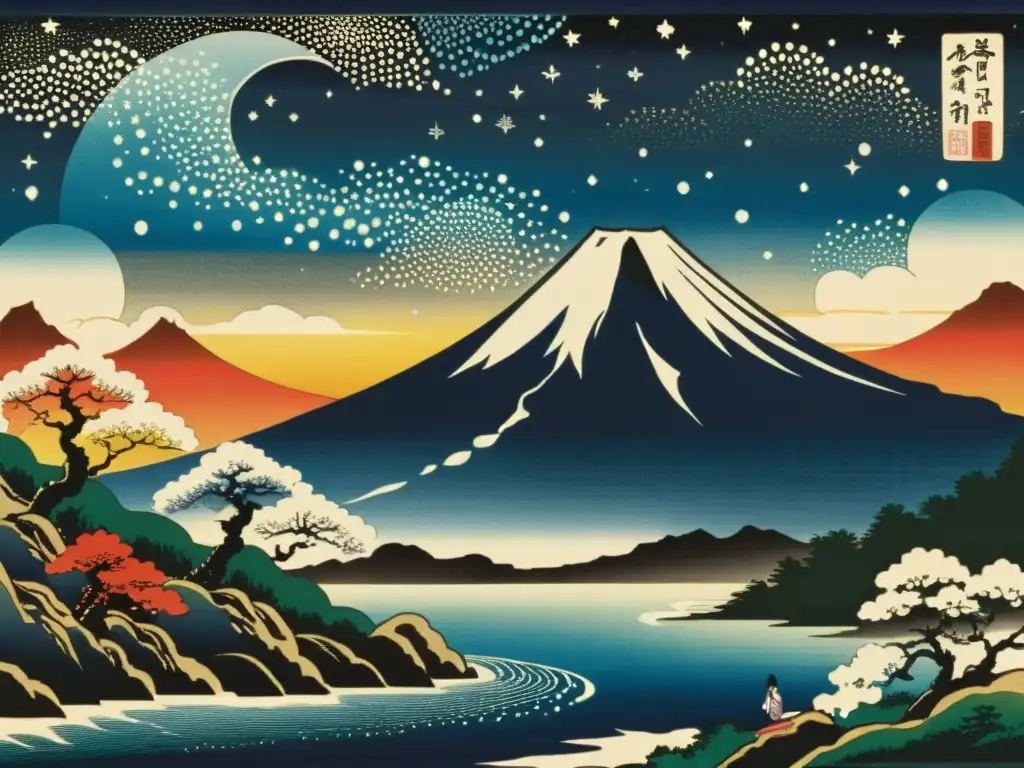 Una impresionante xilografía japonesa vintage que representa la pareja divina Izanagi e Izanami, con el Monte Fuji al fondo y un río celestial