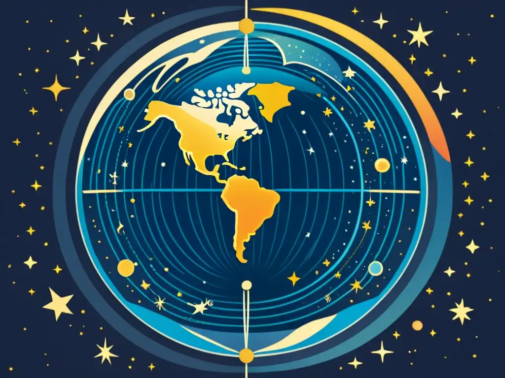 Una ilustración vintage de la inclinación axial de la tierra, con las constelaciones en detalle contra un cielo estrellado