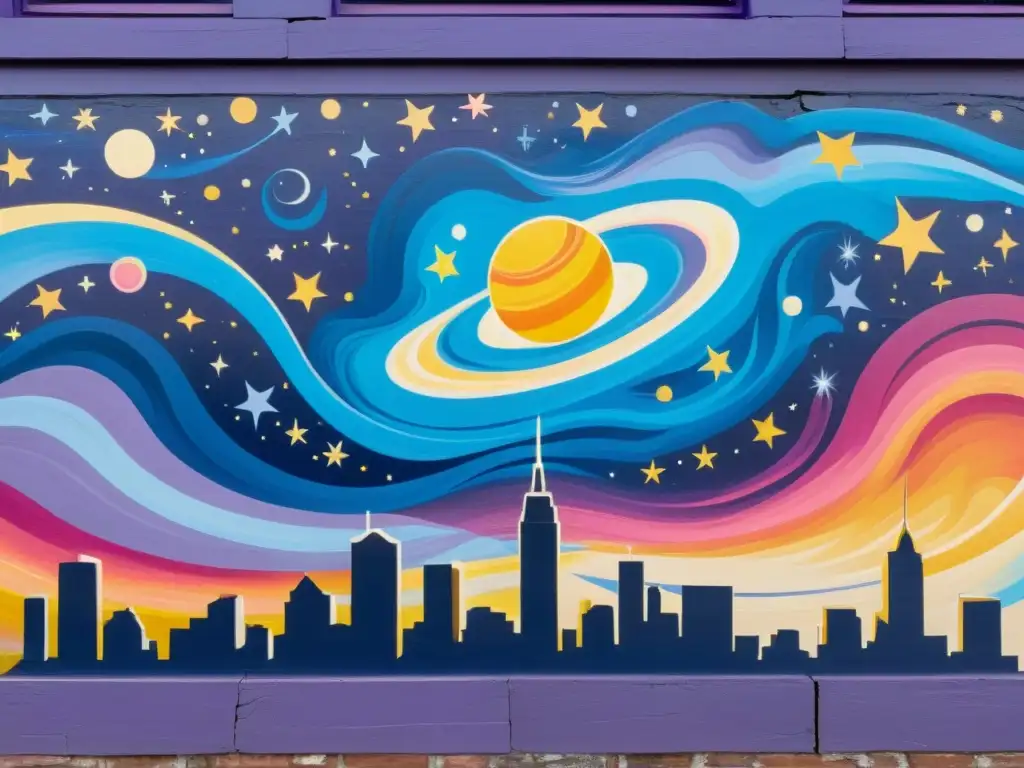 'Increíble mural urbano con influencia de la astronomía en colores vibrantes y escenas cósmicas