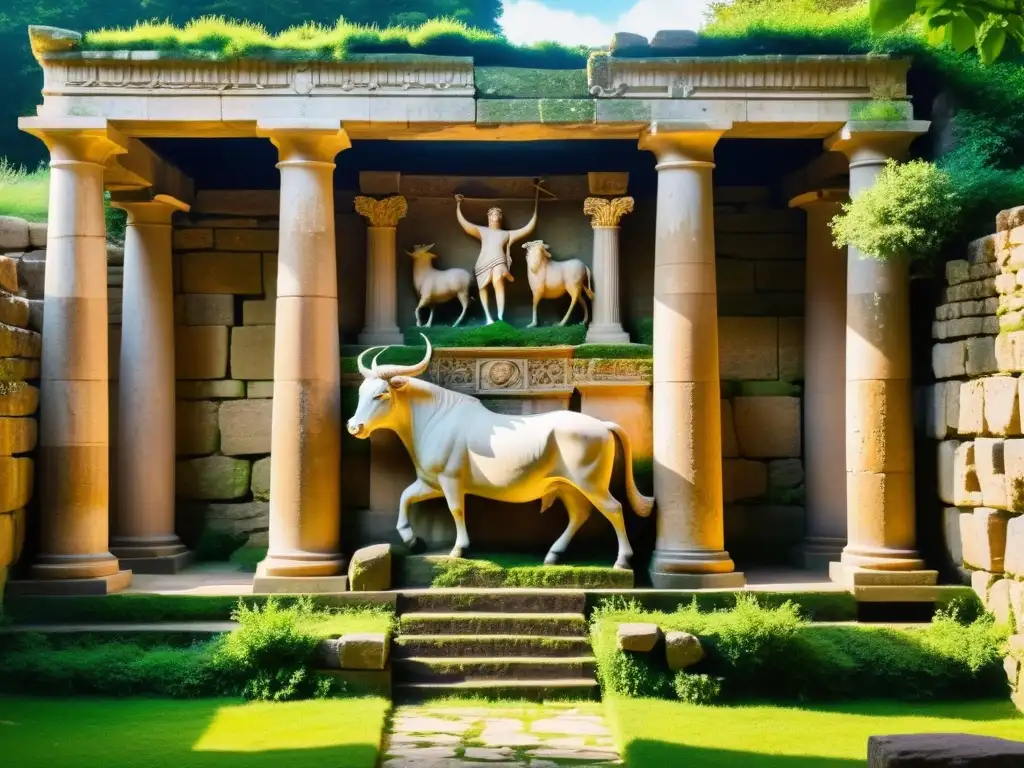 Increíble templo romano de culto a Mitra, con esculturas de Mitra matando un toro, rodeado de exuberante vegetación