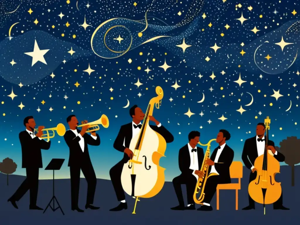 Influencia de la astronomía en el jazz: ilustración vintage de una banda de jazz bajo un cielo estrellado con constelaciones formando notas musicales