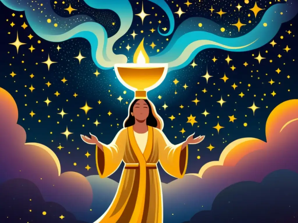 Influencia del néctar celestial en estrellas: Ilustración vintage de un ser celestial vertiendo un líquido luminoso desde un cáliz dorado hacia el cielo nocturno, donde se transforma en estrellas brillantes de diferentes tamaños y colores, evocando una sensación de misticismo antiguo y conexión