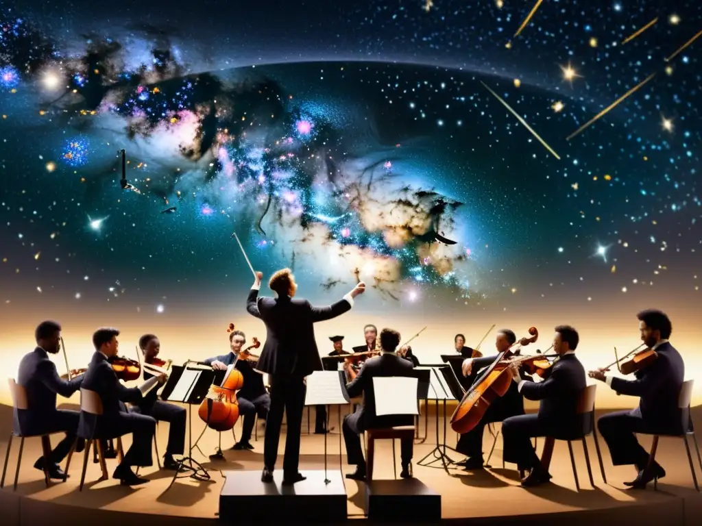 Orquesta vintage bajo estrellas: influencia cósmica en la música Influencia cósmica en música clásica: orquesta bajo estrellas con constelaciones, notas y galaxias entrelazadas