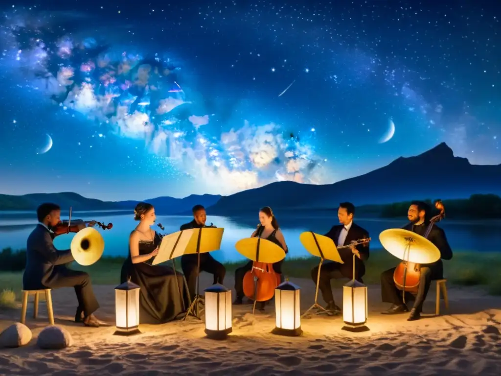 Concierto celestial: músicos clásicos bajo la Vía Láctea Influencia cósmica en la música clásica: músicos tocando bajo la Vía Láctea, iluminados por linternas en una noche estrellada llena de asombro y inspiración
