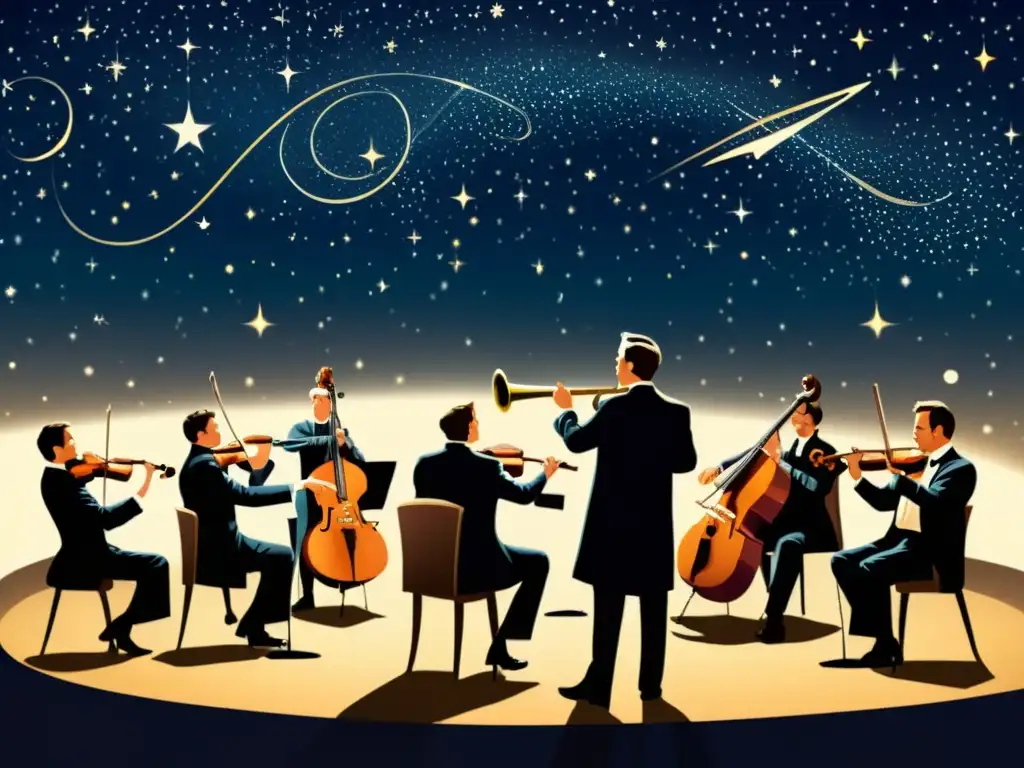 Orquesta celestial bajo la noche estrellada Influencia astros música clásica: Ilustración vintage de una gran orquesta tocando bajo un cielo estrellado, con constelaciones y estrellas fugaces