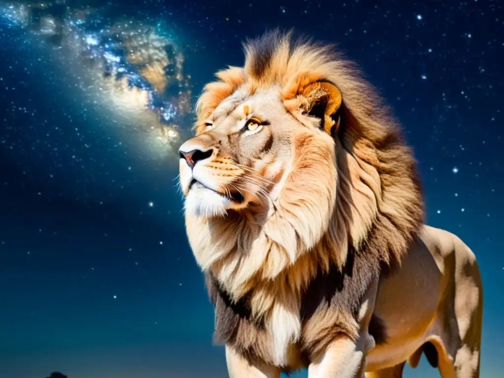 Influencia de Leo en astrología: Ilustración vintage de un majestuoso león en la noche estrellada, exudando autoridad y sabiduría celestial