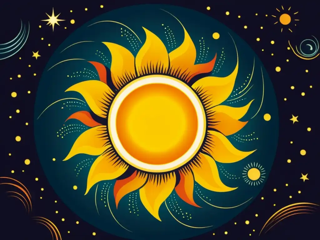 Influencia del Sol en la Tierra: Ilustración vintage del sol con detalles intrincados y energía radiante, evocando su poder sereno y dinámico