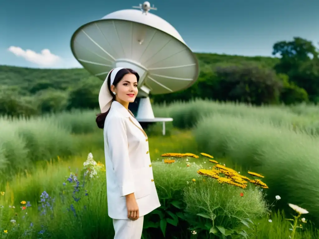 La ingeniera aeroespacial Patricia Domínguez posa con actitud frente a una antigua antena satelital rodeada de naturaleza