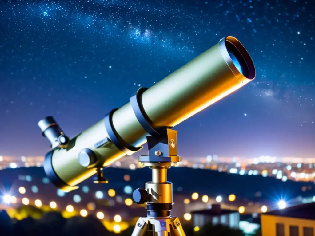 Innovaciones telescopio contaminación lumínica: Un telescopio vintage en contraste con la contaminación lumínica, iluminando la belleza del cosmos