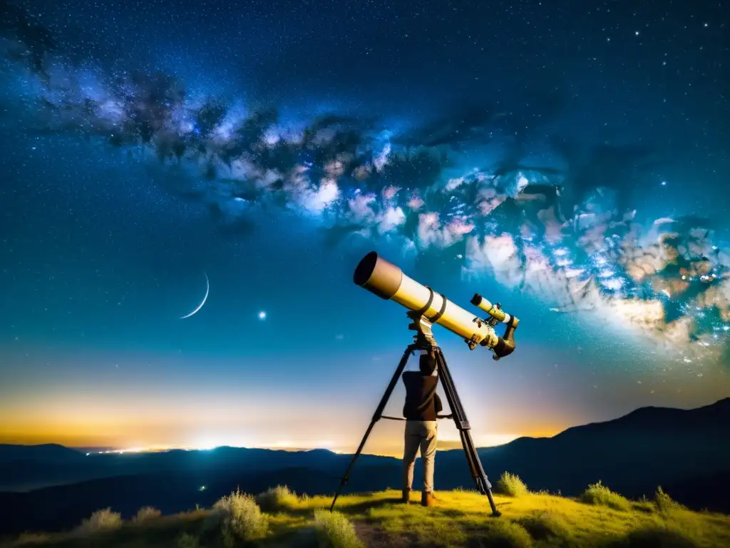 Innovaciones telescopio contaminación lumínica: Fotografía vintage de un cielo estrellado con un telescopio destacado y la Vía Láctea