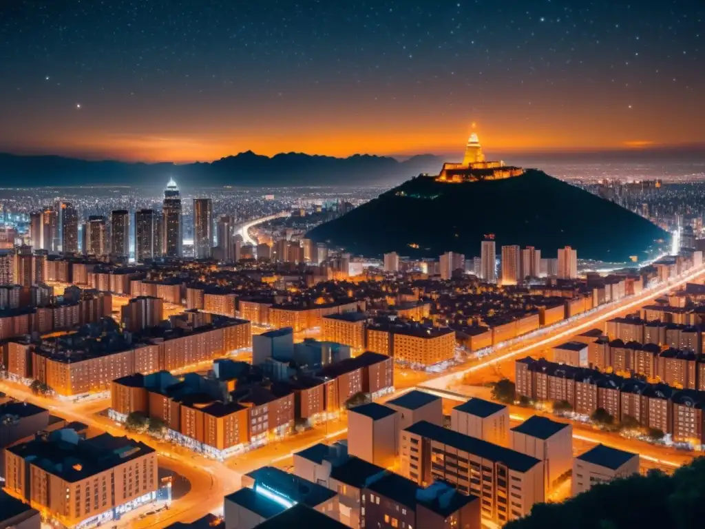 Innovaciones telescopio contaminación lumínica: Impresionante ciudad nocturna, destellos naranjas y cielo oscurecido por la contaminación lumínica