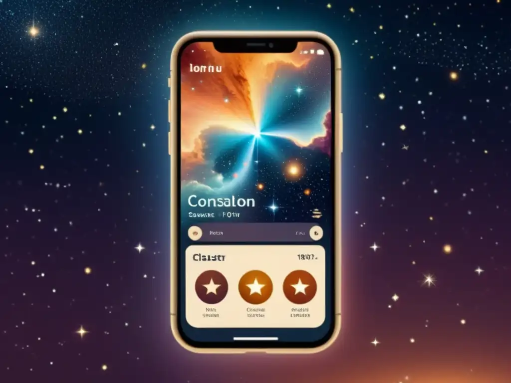 Interfaz de app mostrando cúmulos estelares y nebulosa en ilustración vintage