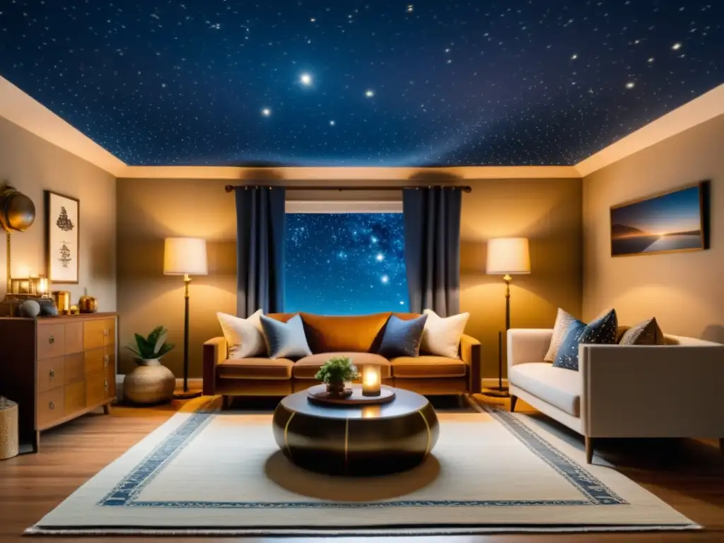 Diseño interior inspirado en constelaciones: una sala celestial vintage con cielo estrellado en el techo, luces parpadeantes y ambiente mágico