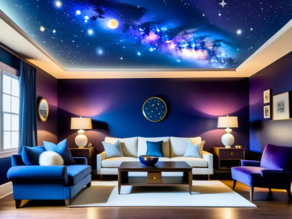 Diseño interior inspirado en constelaciones: Sala vintage con mural de cielo estrellado, muebles antiguos y atmósfera mágica en tonos azules y morados