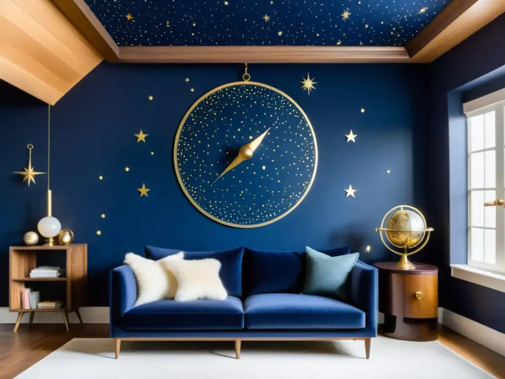 Diseño interior inspirado en constelaciones: Sala vintage con temática celestial, pared azul con constelaciones doradas, sofá de terciopelo y accesorios celestiales