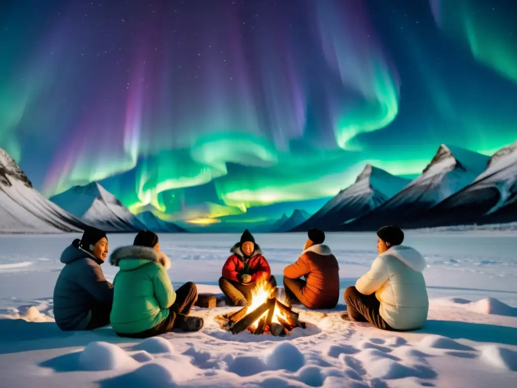 Una interpretación artística de auroras boreales, Inuit reunidos alrededor de una fogata bajo las luces del norte