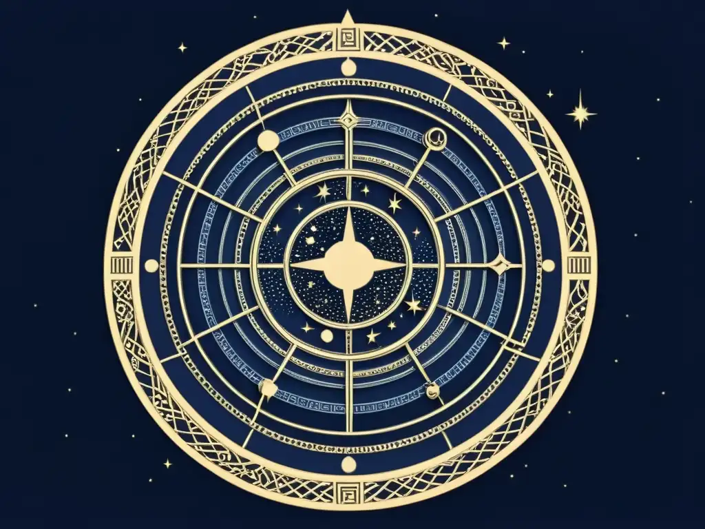 Una ilustración vintage de la constelación Labyrinthos, con un intrincado laberinto de estrellas en un cielo nocturno índigo