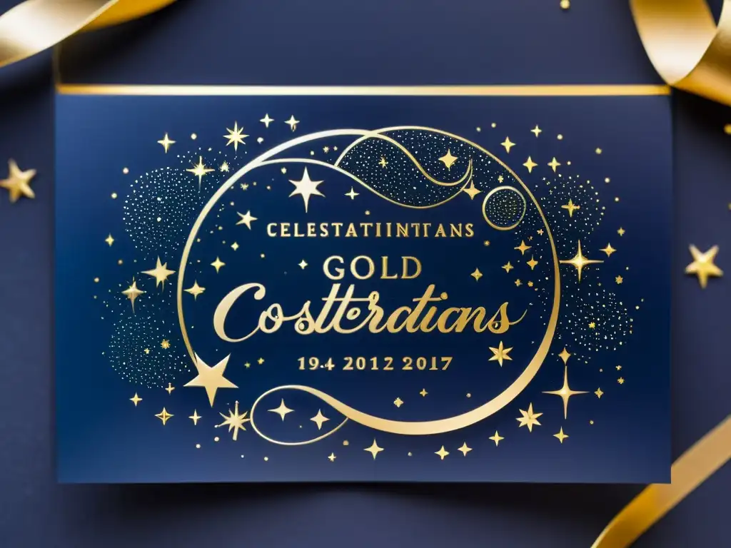 Invitación celestial vintage con constelaciones en dorado sobre fondo azul marino