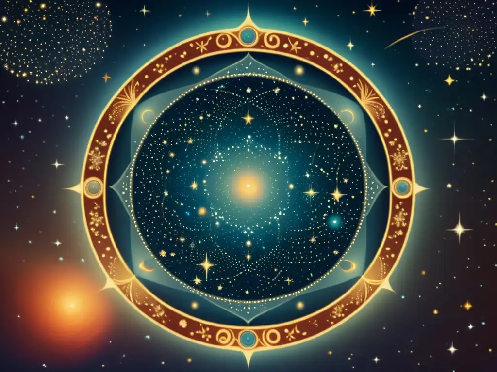 Descubre la invocación del altar celestial en esta detallada ilustración vintage de la constelación Ara, rodeada de estrellas y nebulosas