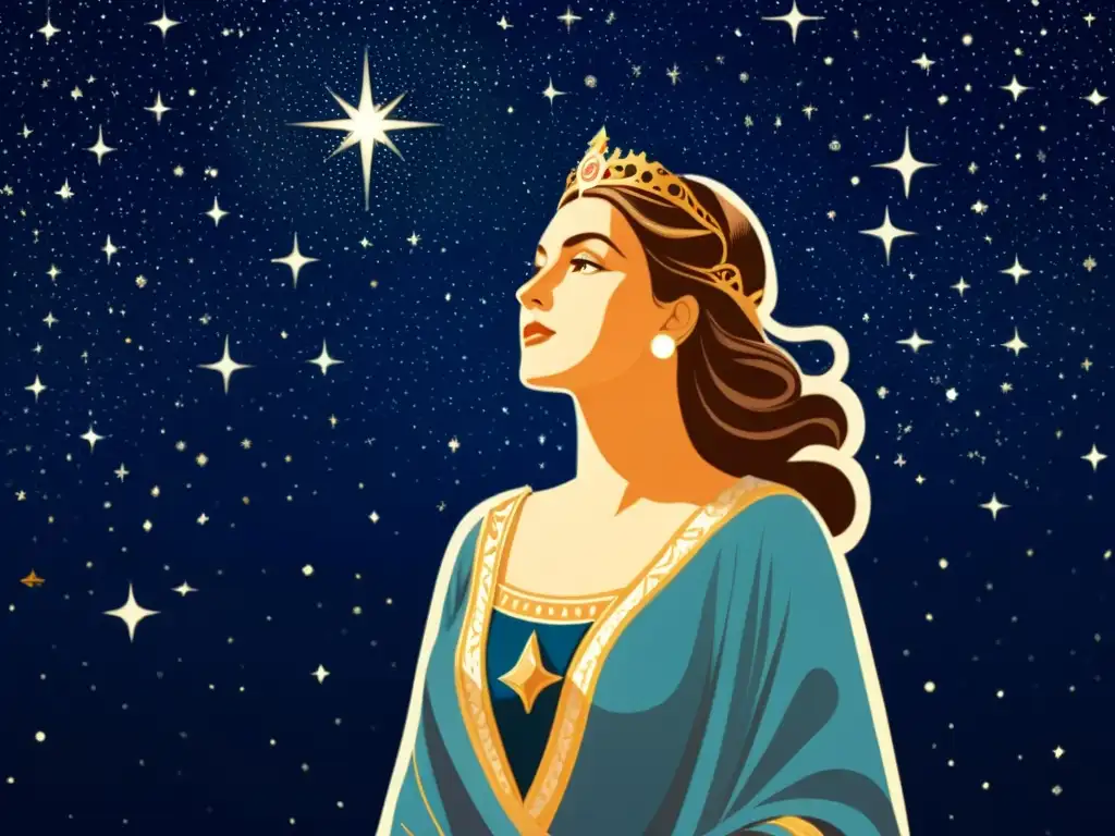 La Ira de Hera, reina de los dioses, en medio de estrellas y constelaciones, exudando poder y sabiduría ancestral