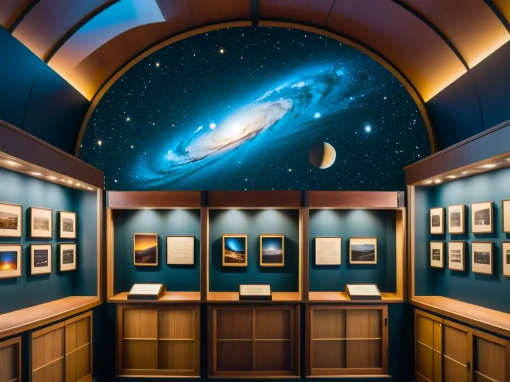 Exposición itinerante de imágenes Deep Sky con atmósfera nostálgica y celestial, visitantes admirando fotografías astronómicas en exhibición vintage