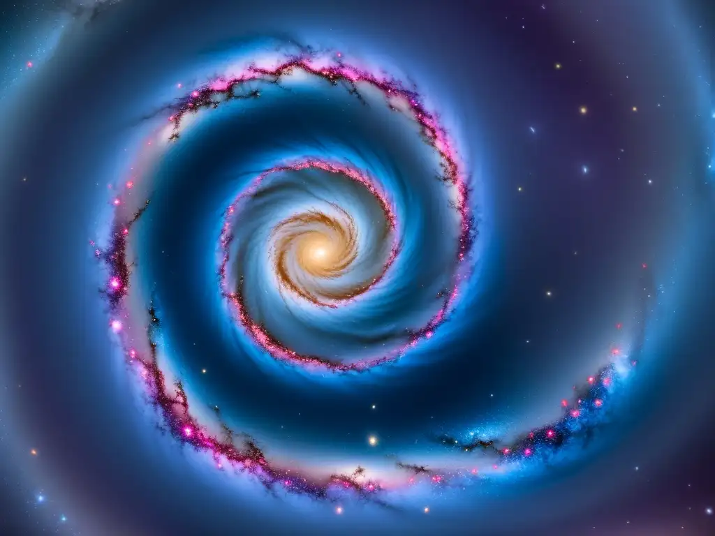 Exposición itinerante de imágenes Deep Sky: Fotografía vintage de una galaxia espiral con vibrantes tonos de azul, púrpura y destellos de rosa, repleta de estrellas centelleantes como diamantes en el cosmos