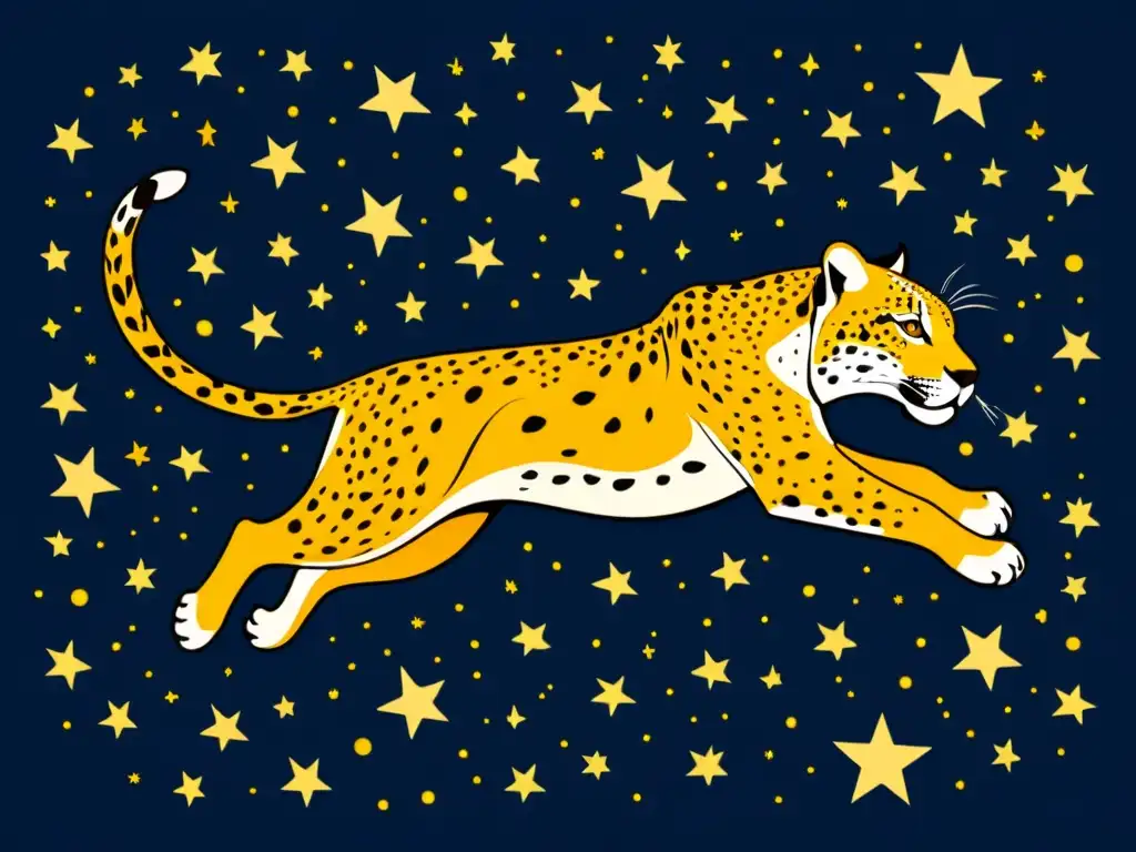 Un jaguar místico se desliza entre constelaciones, evocando la mitología del jaguar en constelaciones en una ilustración celestial vintage