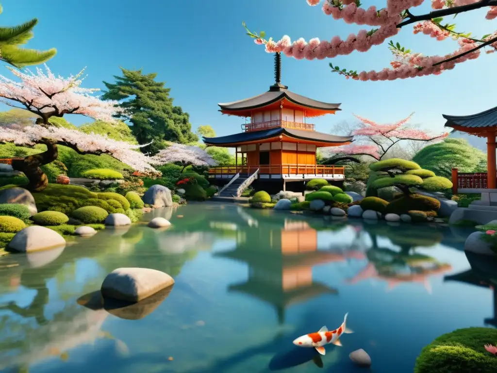 Un jardín japonés sereno con vibrantes cerezos en flor, una pagoda tradicional y un estanque de peces koi