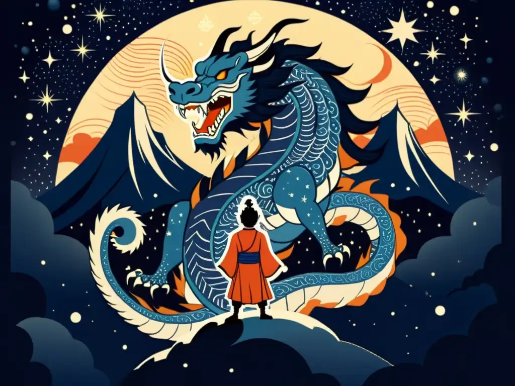 Una ilustración vintage del dios japonés Susanoo triunfante sobre un dragón derrotado, mientras el cielo nocturno muestra constelaciones