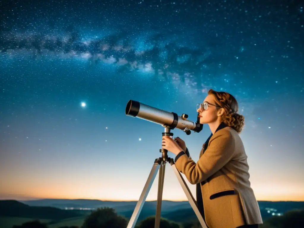 Astrónomo principiante ajusta telescopio vintage bajo la Vía Láctea Un joven astrónomo principiante ajusta el enfoque de un telescopio clásico bajo el brillo suave de las estrellas en la noche
