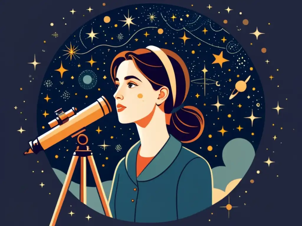 Una joven investigadora astrofísica observa el cielo nocturno a través de un telescopio, rodeada de objetos celestiales y constelaciones