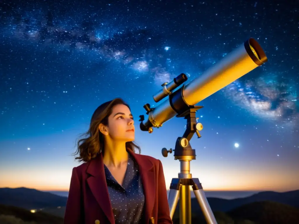 Joven investigadora astrofísica Lucía Fernández, maravillada mirando las estrellas rodeada de instrumentos científicos vintage