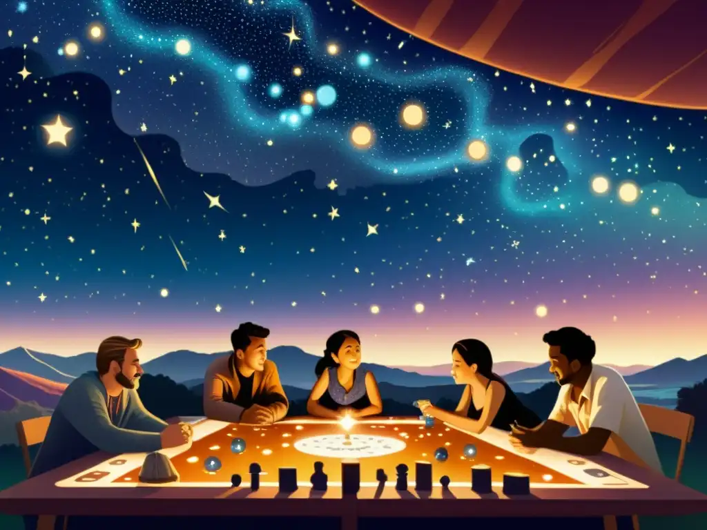 Un juego de mesa temática astral bajo un cielo estrellado, evocando la magia de la exploración celestial