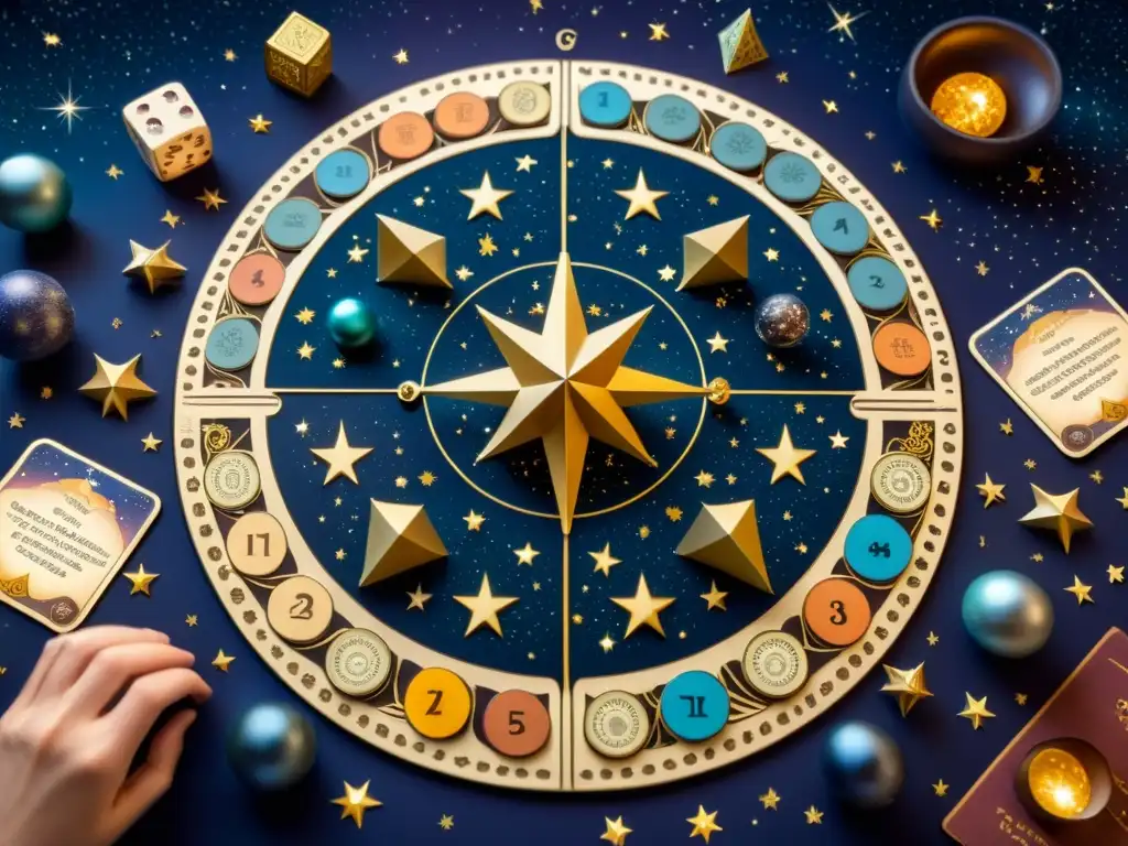 Juego de mesa vintage de astronomía 8k: inmersión celestial Un juego de mesa de astronomía con diseño vintage, piezas celestiales y jugadores inmersos en la exploración del universo