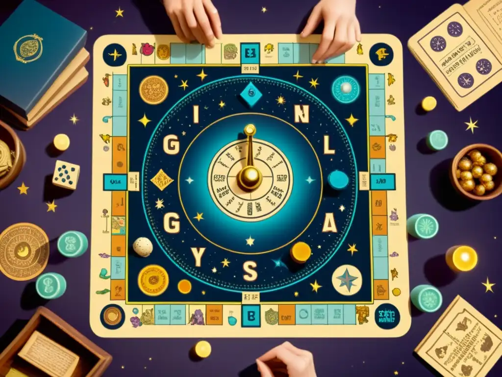 Juego de mesa astronómico: emoción vintage Un juego de mesa de astronomía con diseño vintage, donde un grupo de personas disfruta con entusiasmo
