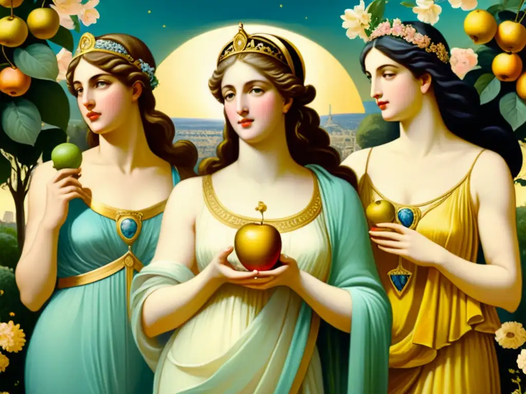 El Juicio de Paris mitología: Pintura detallada de Hera, Atenea y Afrodita junto a Paris y la manzana dorada, en un exuberante jardín