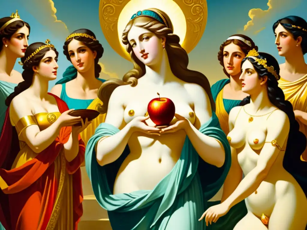 El Juicio de Paris mitología: Pintura detallada de París presentando la manzana de oro a Afrodita, con Atenea y Hera expectantes