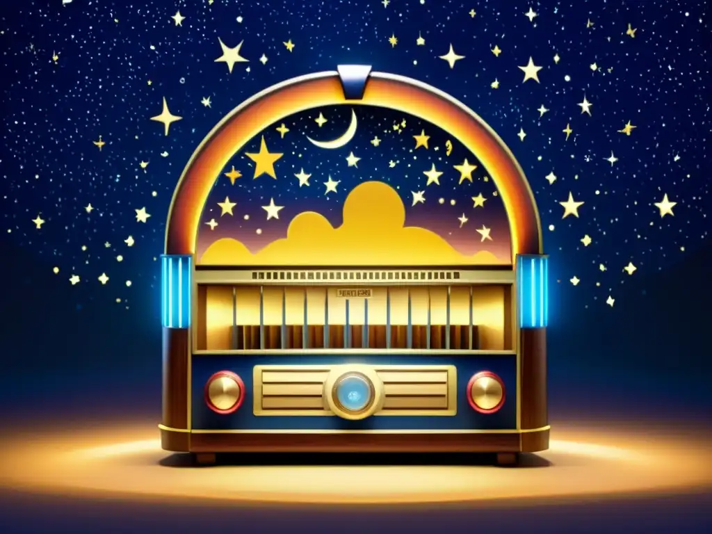 Una jukebox celestial vintage con referencias astronómicas en éxitos musicales, iluminando la noche estrellada con un aura cálida y nostálgica