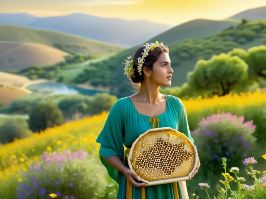 Aristeo, figura juvenil en un campo soleado, con colinas verdes y abejas, evoca la leyenda de Aristeo, agricultura y mitología griega