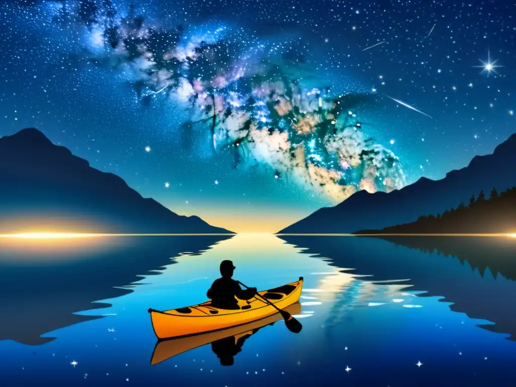 Un kayak surca apacible un lago bajo un cielo estrellado, con la Vía Láctea reflejándose en el agua