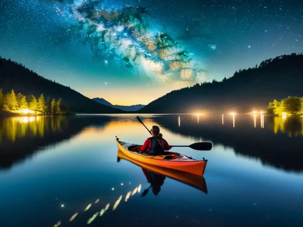 Un kayak remando bajo el cielo estrellado en un lago tranquilo, con reflejos de estrellas en el agua