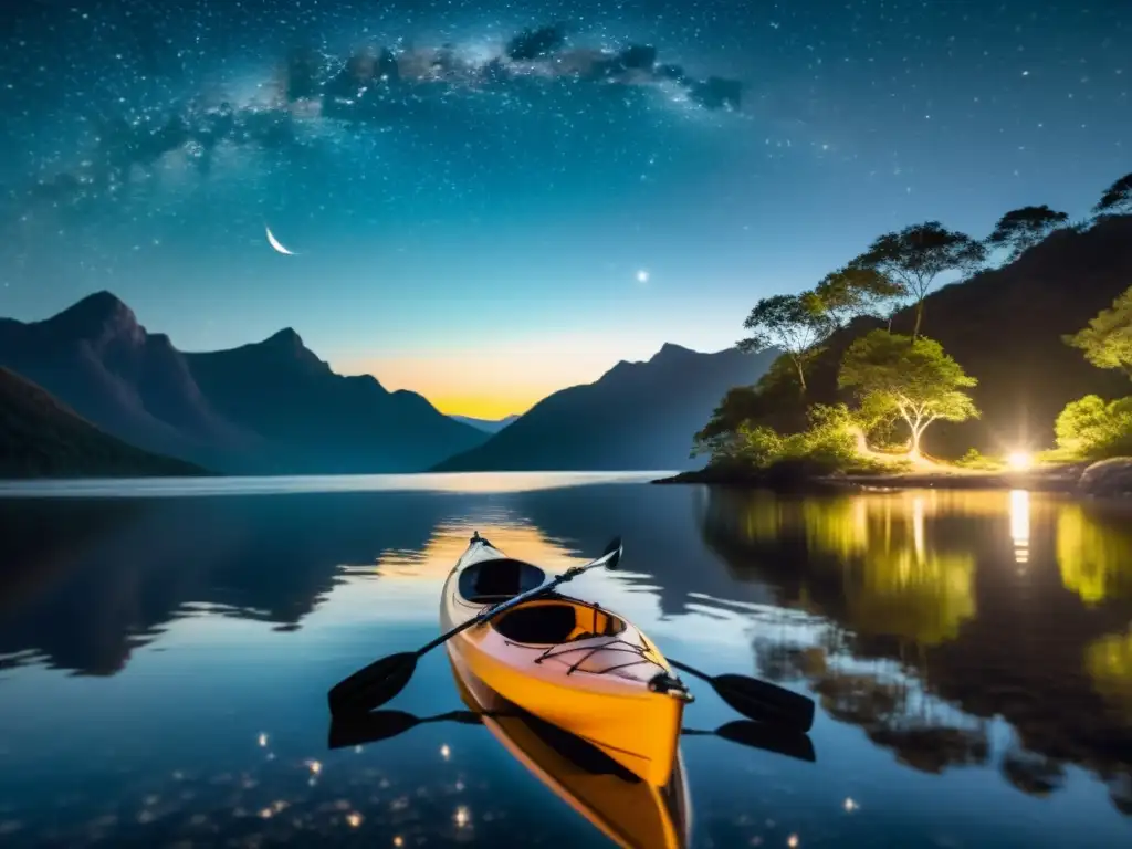 Un kayak reposa en la orilla tranquila bajo el cielo estrellado, reflejando la magia de la noche