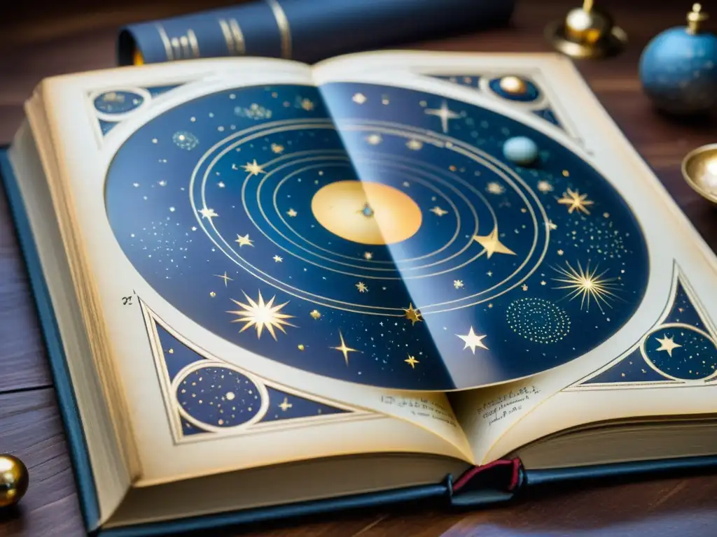 Libro antiguo de astronomía con detallados diagramas de constelaciones y texto en caligrafía, iluminado por luz suave