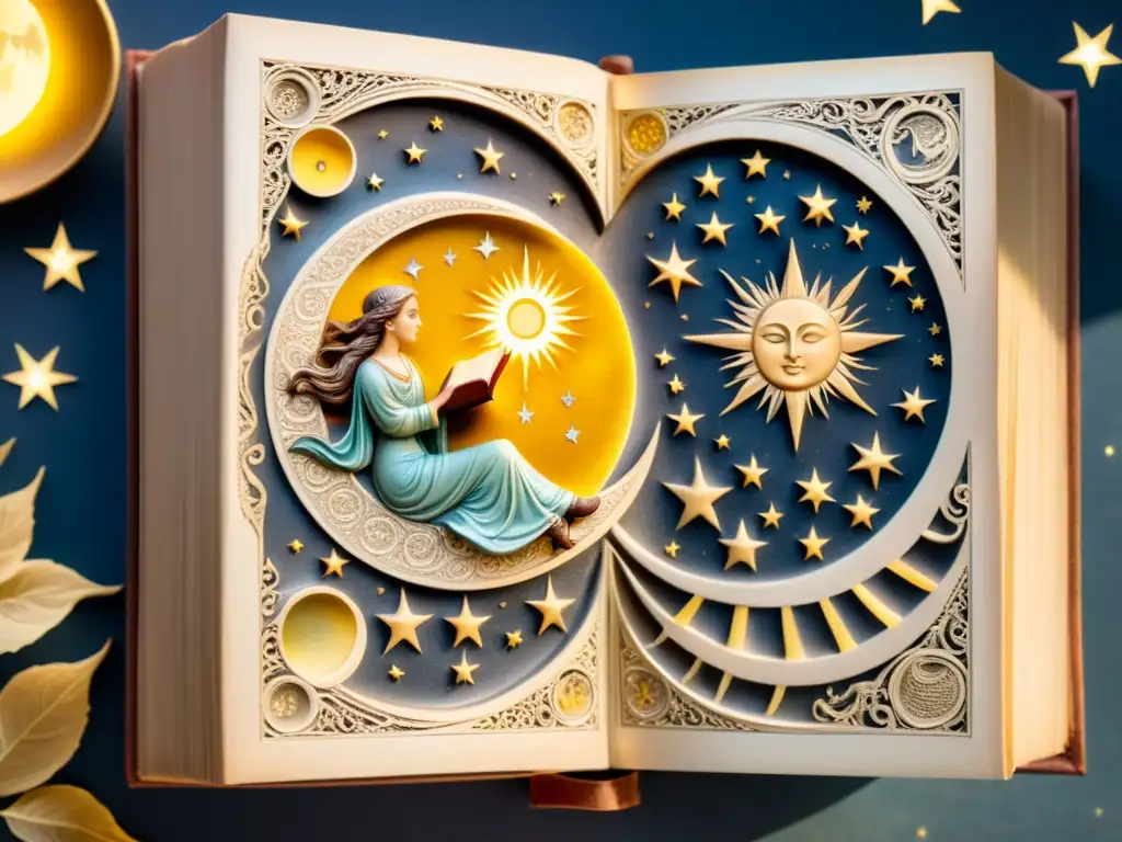 Libro antiguo con sol y luna detallados Libro vintage abierto en mesa, con ilustraciones detalladas del sol y la luna, rodeadas de arte y misticismo